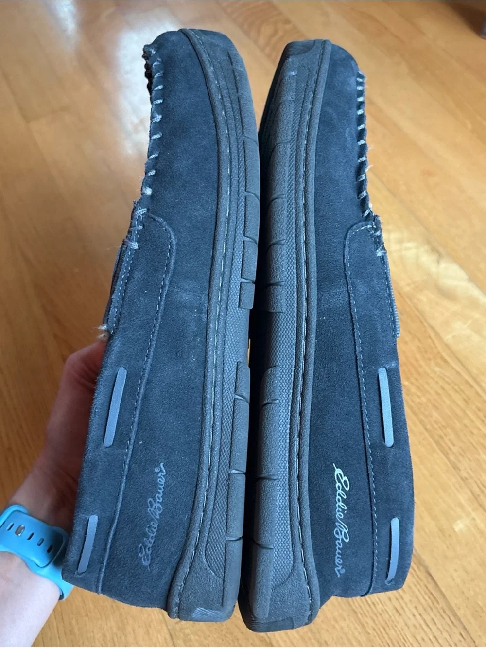 Eddie Bauer Mens Slippers Moccasins Dark Gray Suede Westhaven Faux Fur Sz XXL 13